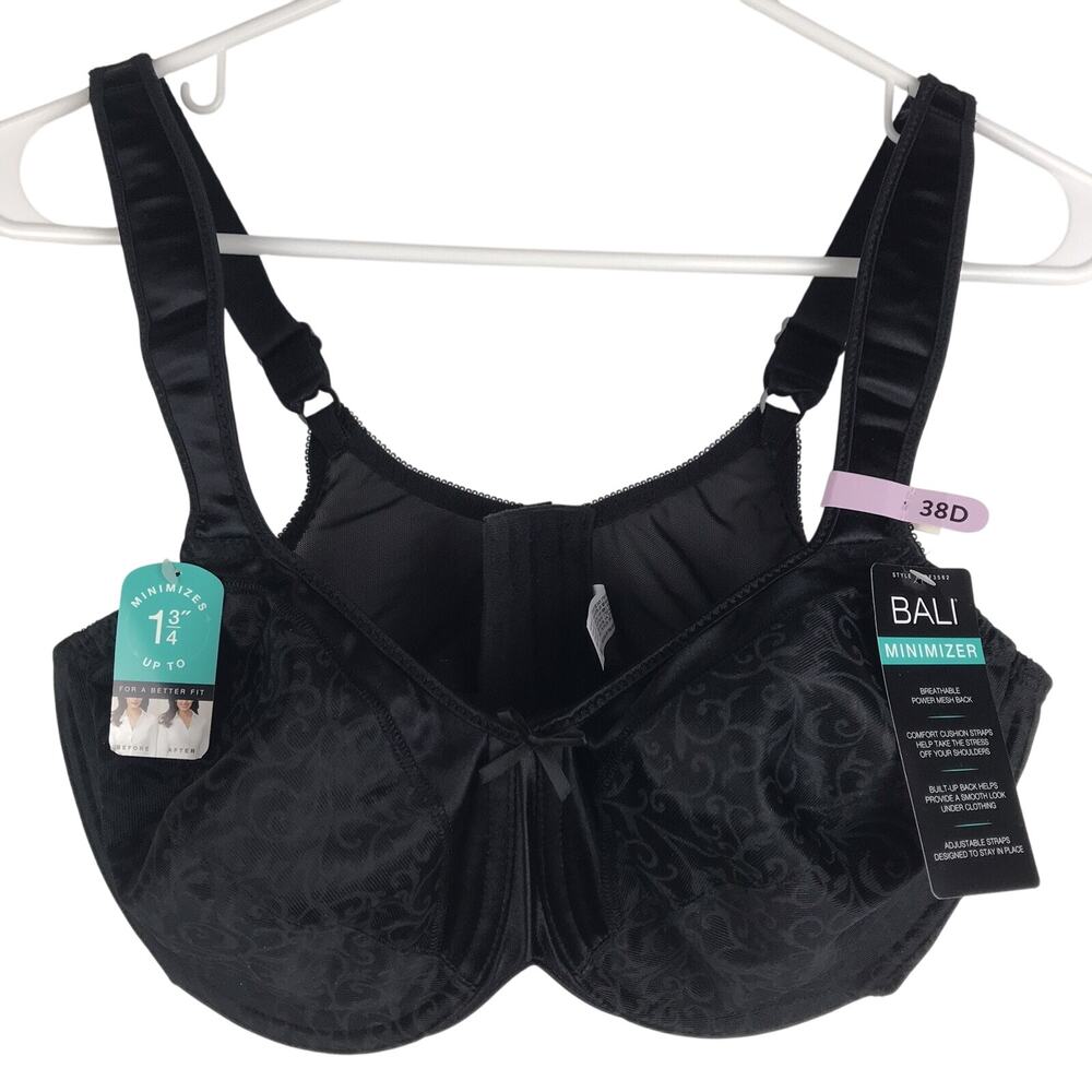NWT Bali Minimizer Bra 3562 Satin Tracings Underwire Black Cushion Straps Sz 38D